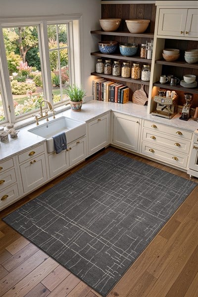 Seria SRA01Z Antrasit Dekoratif Şönil Kilim Çizgili Desen Yıkanabilir Yumuşak Kaymaz Taban Halı