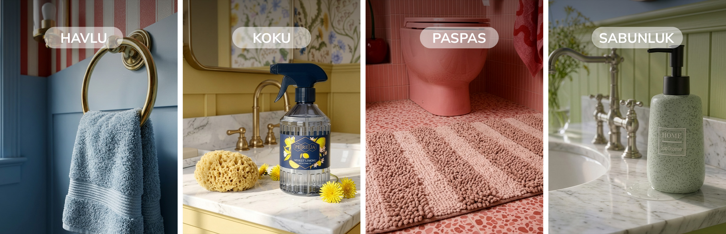 Banyo kategorileri — havlu, koku, paspas, sabunluk