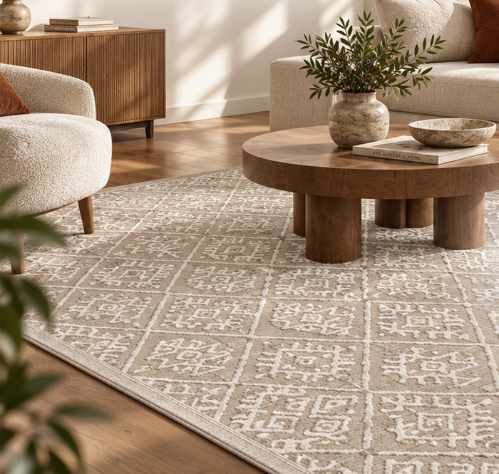 Geometrik desenli Stena halı ile salon