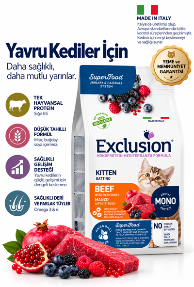 Exclusion Mediterraneo Superfood Mono Protein Sığır Etli ve Kırmızı Meyveli Yavru, Hamile ve Emziren Anne Kitten Kedi Maması 12 Kg