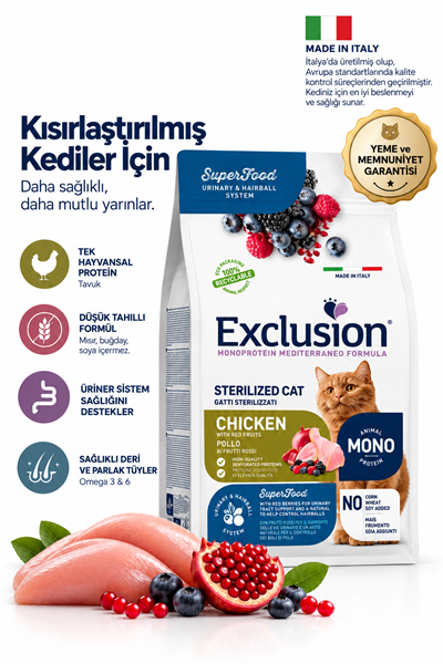 Exclusion Monoprotein Tavuk etli ve Narlı Düşük Tahıllı Kısırlaştırılmış Kedi Maması 12kg