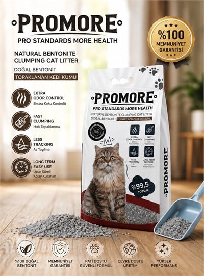 Promore Aktif Karbonlu Kedi Kumu 10 L - Doğal Bentonit, Uzun Süreli Koku Kontrolü, Az Dağılma
