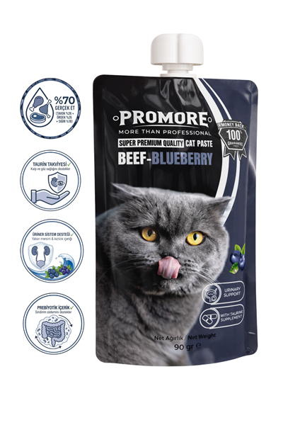 Promore Beef & Blueberry Kedi Ödül Macunu 90 gr – %70 Gerçek Etli, Taurin ve Prebiyotik Destekli, İdrar Yolu Destekleyici Krema Ödül
