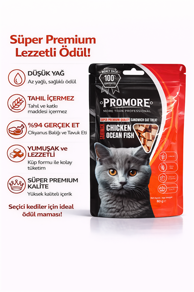 Promore Chicken & Ocean Fish Kedi Ödül Maması 80 gr – %94 Gerçek Etli, Tahılsız, Düşük Yağlı Süper Premium Ödül