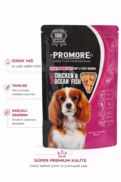 Promore Chicken & Ocean Fish Küp Köpek Ödül Maması 80 gr – Tahılsız, Düşük Yağlı, Yumuşak Ödül