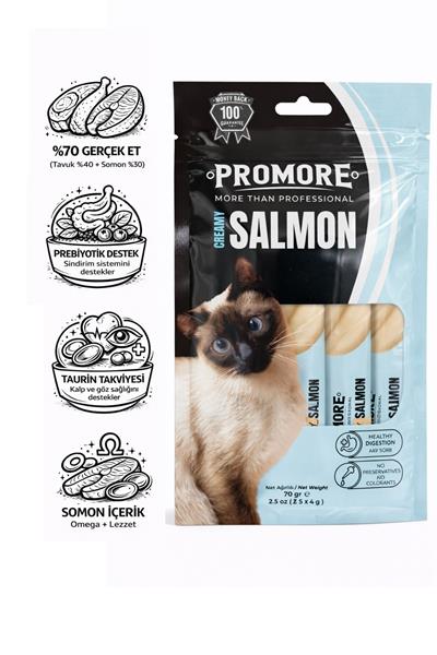 Promore Creamy Salmon Kedi Ödül Maması 5x14 gr – %70 Gerçek Etli, Taurin ve Prebiyotik Destekli Somonlu Krema Ödül