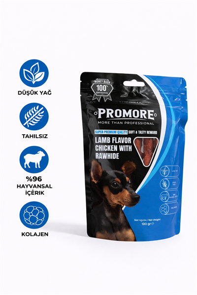 Promore Kuzu Eti Sargılı Çiğneme Kemik Köpek Ödülü 100g-Tavuklu Rawhide, Kolajen Destekli, Tahılsız