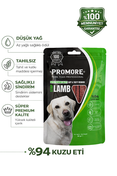 Promore Lamb Strip Köpek Ödülü 80gr – %94 Kuzu Eti, Tahılsız & Düşük Yağlı Premium Ödül