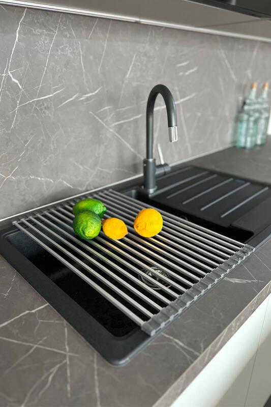 LAVABO ÜSTÜ KATLANABİLEN MUTFAK RAFI - GRİ