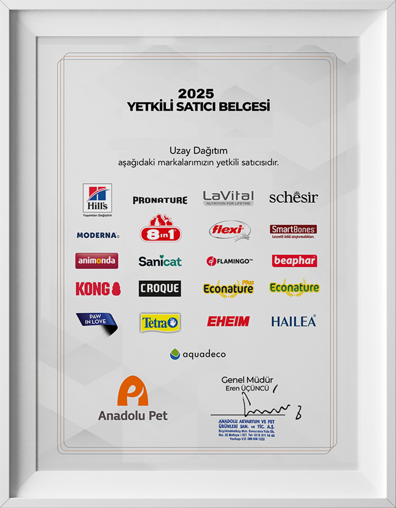 Anadolu Pet Yetkili Satıcı Belgesi