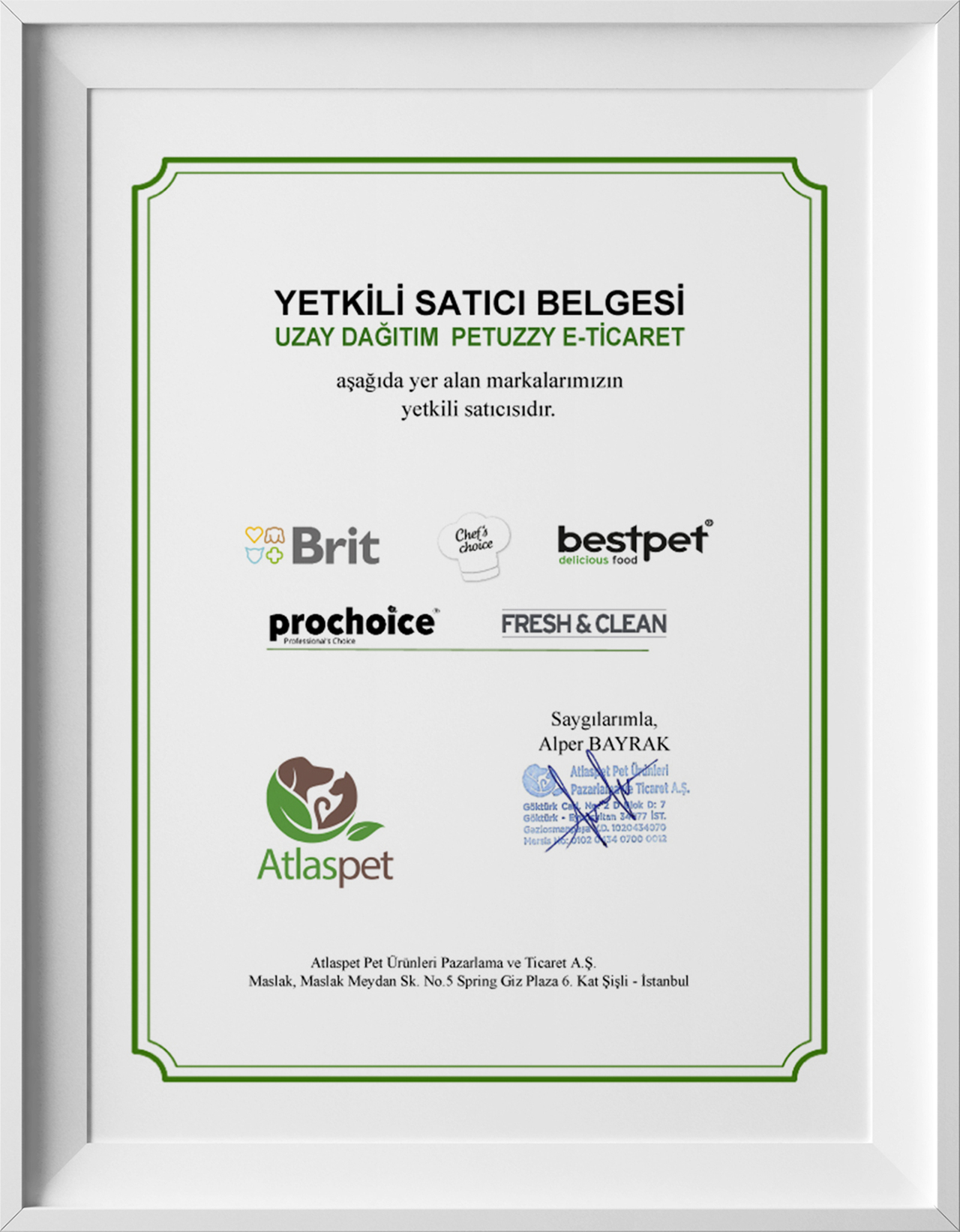Atlas Pet Yetkili Satıcı Belgesi