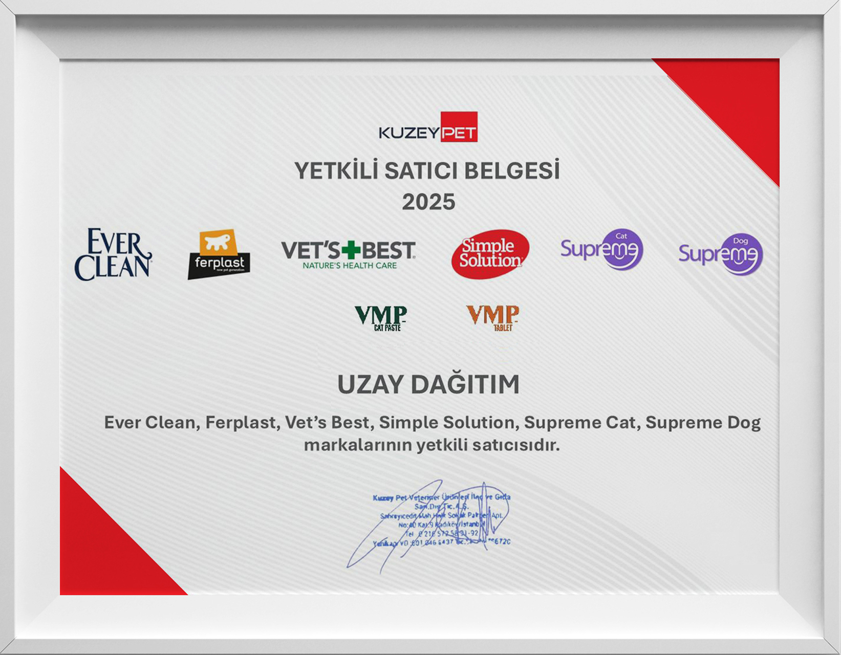Kuzey Pet ProPlan Yetkili Satıcı Belgesi