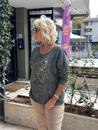 Bisiklet Baskılı Batik Kazak