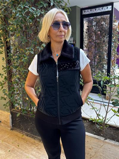 Kürk Yakalı Fermuarlı Kısa Yelek