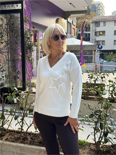 V Yaka Yıldız Taş Dsnli Triko Kazak 