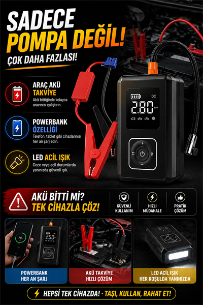 Araç Pompası, Akü Takviyesi, Fener, Powerbank Özellikli, Taşınabilir Kompresör, Araç Pompası