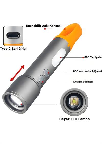 X723 Şarjlı Kamp Feneri ve El Feneri | 9 Modlu LED + Cob Işık, Zoom, Type-C Şarjlı, Askılı
