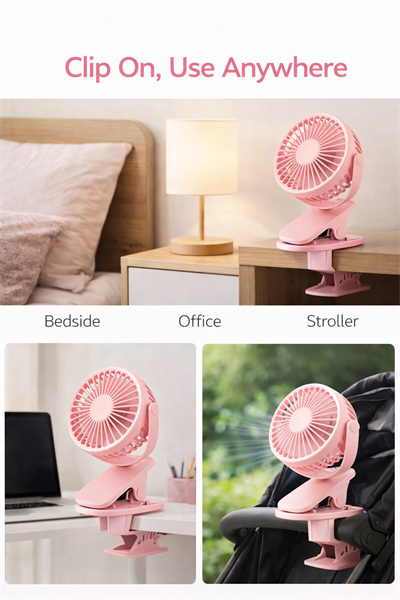 Cullera K-18 Pembe Taşınabilir Klipsli Fan Pil ile Çalışır, 3 Hızlı USB Şarj Edilebilir Mini Masa Fanı
