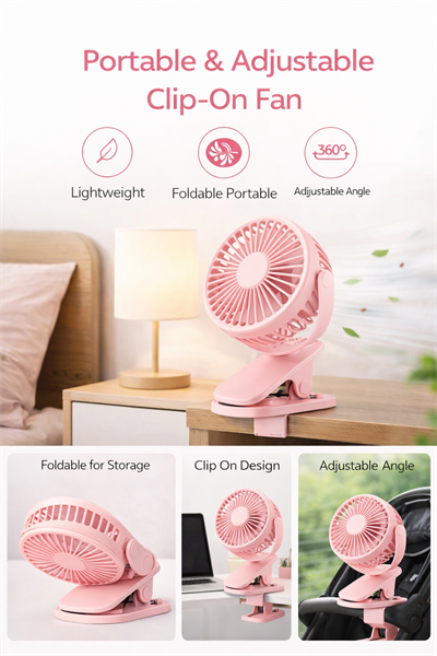 Cullera K-18 Pembe Taşınabilir Klipsli Fan Pil ile Çalışır, 3 Hızlı USB Şarj Edilebilir Mini Masa Fanı