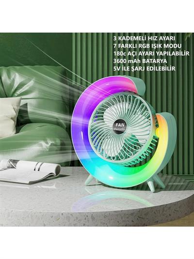 Cullera RM-01 Taşınabilir Renkli Masa Vantilatörü, LED Işık, 3 Kademeli Hız, 180° Eğilebilir