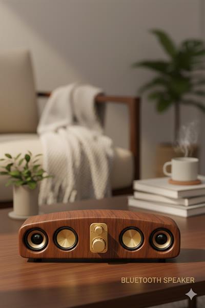 E-3403 10W Bluetooth Hoparlör | USB TF Kart AUX Destekli | Type-C Şarjlı Taşınabilir Speaker Ahşap