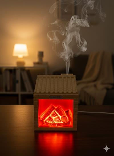 Ferro E354 Kömür Evi Tasarımlı Gece Lambalı Sessiz 200ML LED Işıklı Mini Hava Nemlendirici Oda Kokusu Krem