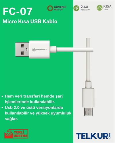 FERRO FC-07 Android Modeller İçin Uyumlu Micro Powerbank Hızlı Şarj ve Data Kablosu 0,25cm