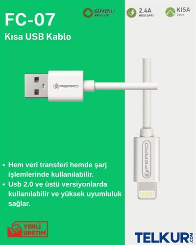 FERRO FC-07 IPhone Modeller İçin Uyumlu Lightning Powerbank Hızlı Şarj ve Data Kablosu 0,25cm