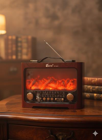 FP-821 Nostaljik Radyo Şömine Görünümlü LED Işık Fenerli Bluetooth,Hafıza Kartı,Usb Bellek,Aux Ve Radyo Destekli Hoparlör Kızıl Ahşap