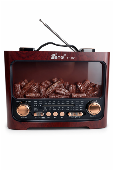 FP-821 Nostaljik Radyo Şömine Görünümlü LED Işık Fenerli Bluetooth,Hafıza Kartı,Usb Bellek,Aux Ve Radyo Destekli Hoparlör Kızıl Ahşap