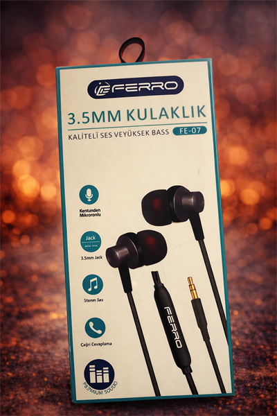 FERRO Kaliteli Ses Yüksek Baslı Kablolu Kulak İçi Mikrofonlu 3.5mm Jacklı Kulaklık FE-07