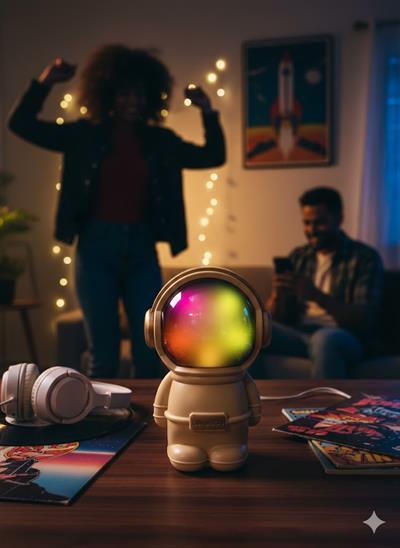 LN-808 Astronot Figürlü RGB Işıklı Bluetooth Hoparlör USB & TF Kart Destekli Bej