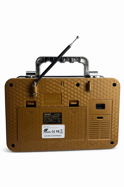 M-1918BT Nostaljik Radyo Görünümlü LED Işıklı Bluetooth,Hafıza Kartı,Usb Bellek,Aux Ve Radyo Destekli Hoparlör Gold