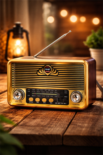 NS-6675BT Nostaljik Radyo Görünümlü Fenerli Bluetooth,Hafıza Kartı,Usb Bellek,Aux Ve Radyo Destekli Hoparlör Gold