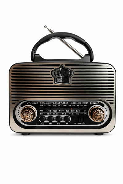 NS-8092BT Nostaljik Radyo Görünümlü Bluetooth,Hafıza Kartı,Usb Bellek,Aux Ve Radyo Destekli Hoparlör Metalik Gri