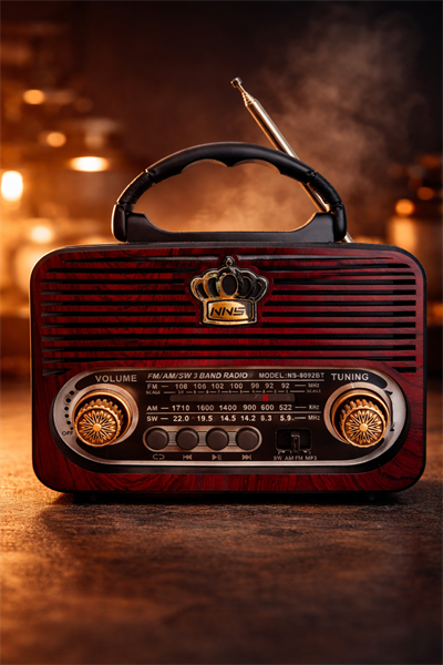 NS-8092BT Nostaljik Radyo Görünümlü Bluetooth,Hafıza Kartı,Usb Bellek,Aux Ve Radyo Destekli Hoparlör Bordo Ahşap 