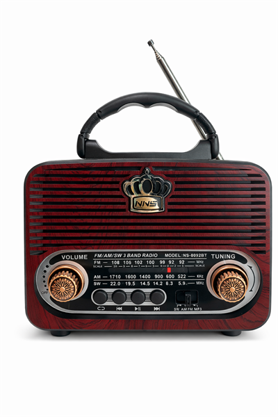 NS-8092BT Nostaljik Radyo Görünümlü Bluetooth,Hafıza Kartı,Usb Bellek,Aux Ve Radyo Destekli Hoparlör Bordo Ahşap 