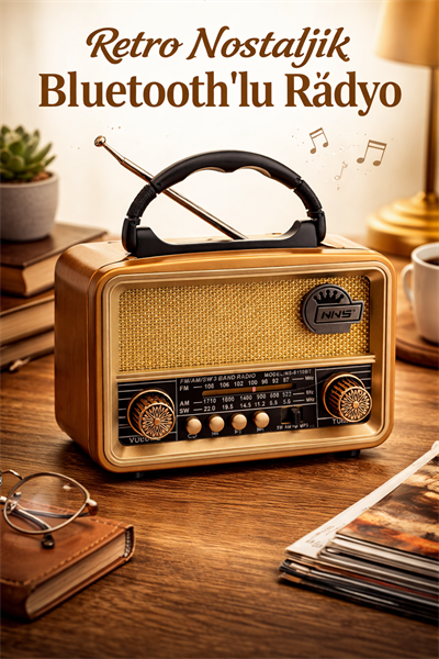 NS-8110BT Nostaljik Radyo Görünümlü Bluetooth,Hafıza Kartı,Usb Bellek,Aux Ve Radyo Destekli Hoparlör Altın