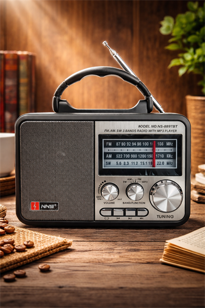 NS-8897BT Nostaljik Radyo Görünümlü Bluetooth,Hafıza Kartı,Usb Bellek,Aux Ve Radyo Destekli Hoparlör Metal Gri