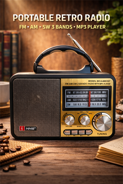 NS-8897BT Nostaljik Radyo Görünümlü Bluetooth,Hafıza Kartı,Usb Bellek,Aux Ve Radyo Destekli Hoparlör Gold