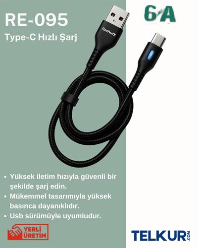 FERRO RE-095 Reshurk Type-C Hızlı Şarj - Ledli - Hasır Kablo 6.0 Amper 66W