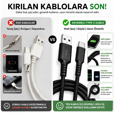 FERRO Reshurk RE-053 Usb-c & Type-c Ledli 1000cm 3A Hızlı Data - Şarj Hasır Kablo