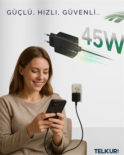 FERRO S45 Siyah 45W usb-c Çıkışlı Süper Hızlı Şarj Adaptör Başlık - Typec & Typec 1m Kablo Seti 