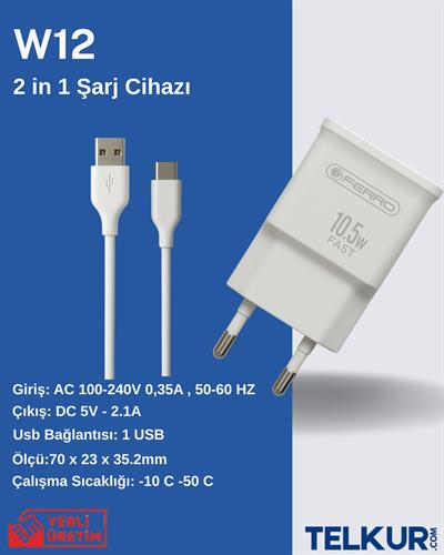 FERRO W12 Micro 10,5W  Adaptör & 1m Usb Kablo  2,1 Amper Hızlı Şarj