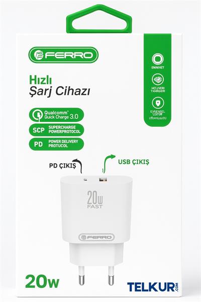 FERRO W17 Qualcom 20W USB & PD Çift Çıkışlı Şarj Adaptörü 3,0A