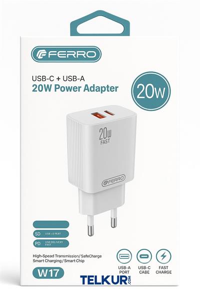 FERRO W17 Qualcom 20W USB & PD Çift Çıkışlı Şarj Adaptörü 3,0A