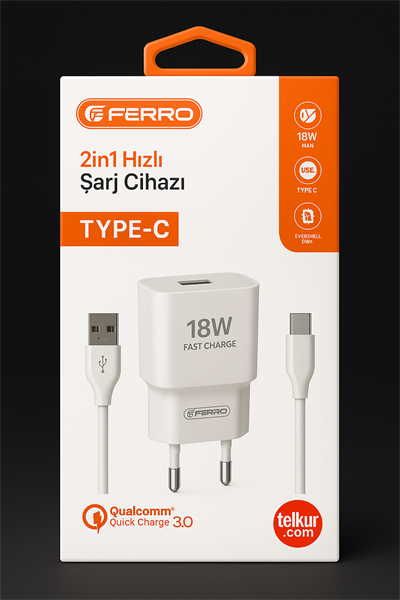 FERRO W18 Qualcom 3.0 Amper Usb Çıkışlı Type-c 18W Şarş Seti