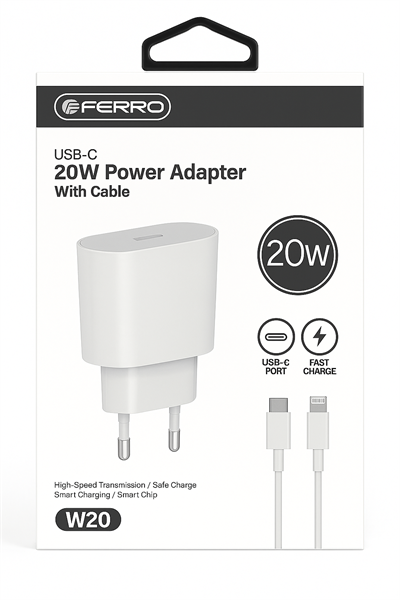 FERRO W20 Apple IPhone Tüm Modeller İçin Uyumlu Hızlı Şarj Aleti Set 20W Adaptör & Usb-C Kablo 