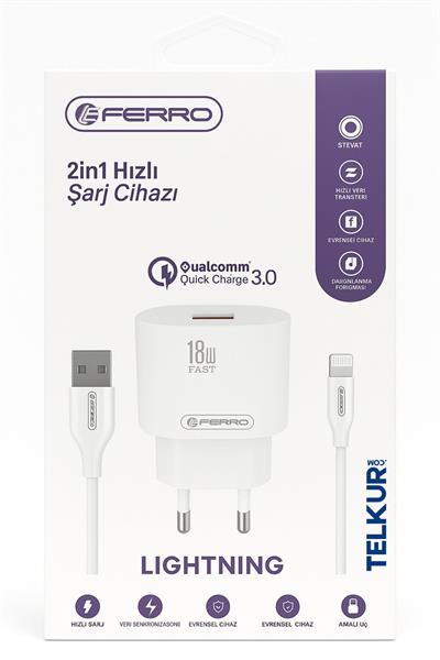 FERRO W22 Qualcom IPhone Uyumlu 18w 3.0 Lightning Hızlı Şarj Seti