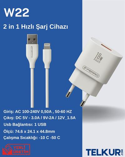 FERRO W22 Qualcom IPhone Uyumlu 18w 3.0 Lightning Hızlı Şarj Seti
